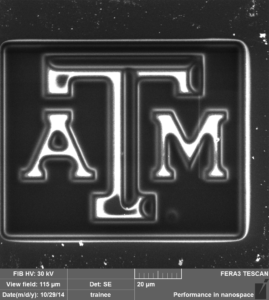 Ion image of Texas A&M logo etched into silicon
