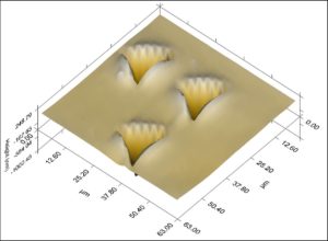 3-D topography view of an impression on aluminum using a Berkovich probe
