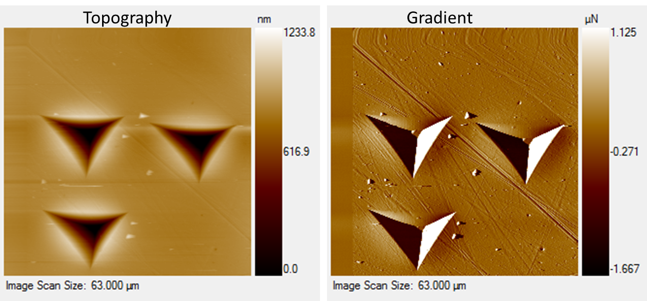 Topography and gradient views of impressions on aluminum using a Berkovich probe