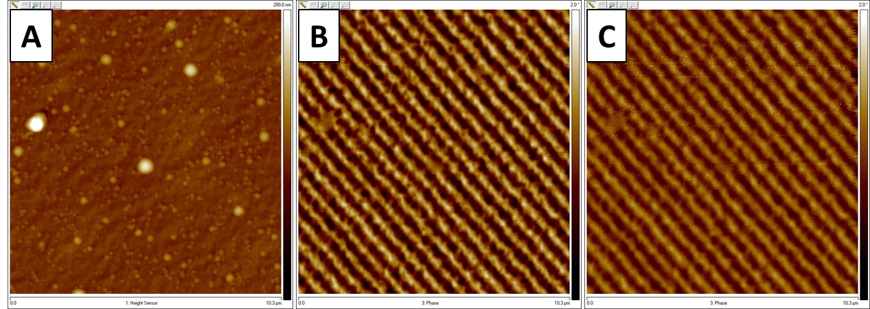 Magnetic domains of a magnetic recording tape mapped using magnetic force microscopy (MFM). A) Topography view; B) MFM phase image obtained at scan lift height set at 40nm; C) MFM phase frame obtained at scan lift height set at 80nm. Image taken by Wilson Serem.
